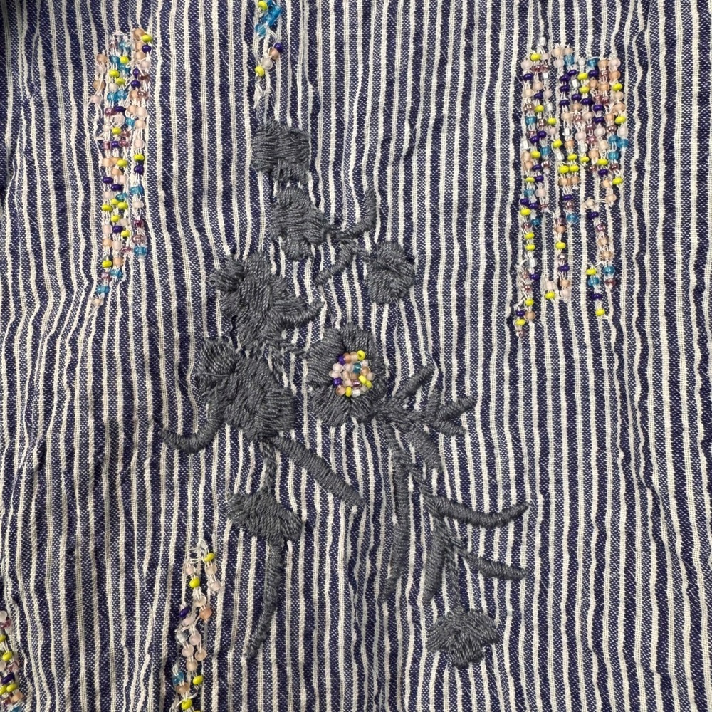 Pilcro Anthropologie Blue White Striped Embroidered Beaded Button Down Shirt XL - Picture 2 of 6